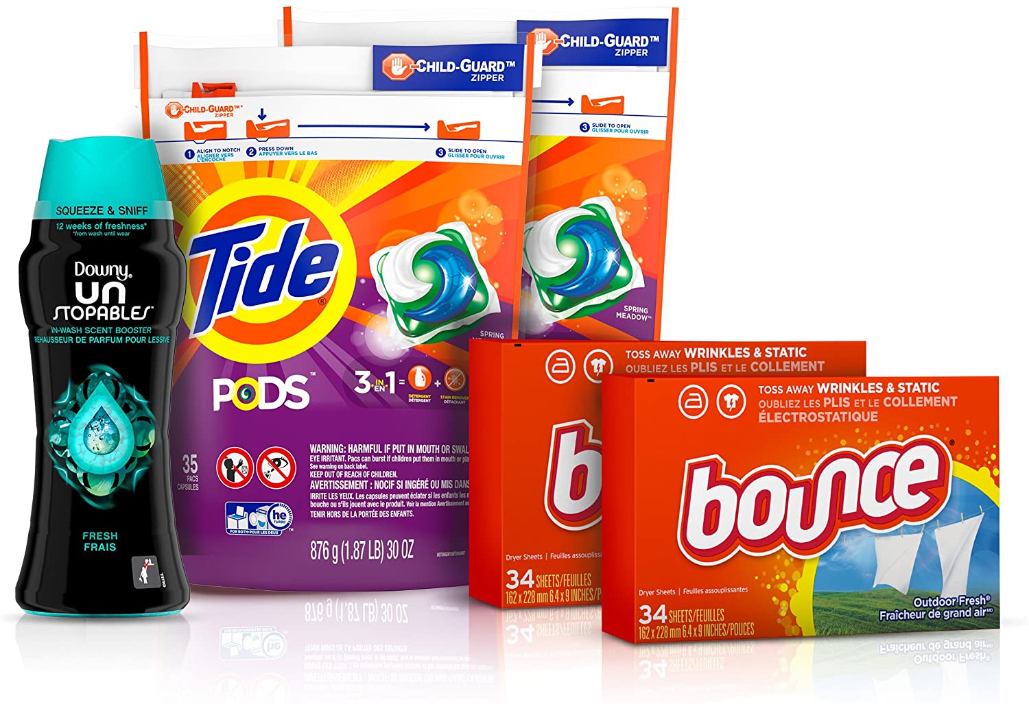 Tide Pods Laundry Detergent Pacs (2x35ct), Downy Unstopable Scent Beads (14.8 oz) and Bounce Dryer Sheets (2x34ct), Better Together Bundle, 5 Piece Set, Meadow